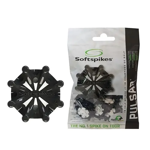 Softspikes Pulsar golf cleats in black clamshell packaging