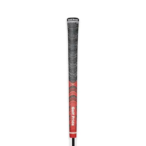 Golf Pride MCC (MultiCompound) golf grip in red, showing cord and rubber sections.