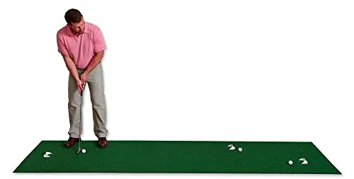 Long 11-foot Putt-A-Bout putting mat wide enough to stand on, laid out on a long carpet
