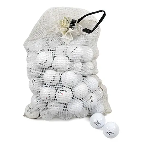 Mesh bag filled with assorted white Callaway recycled golf balls
