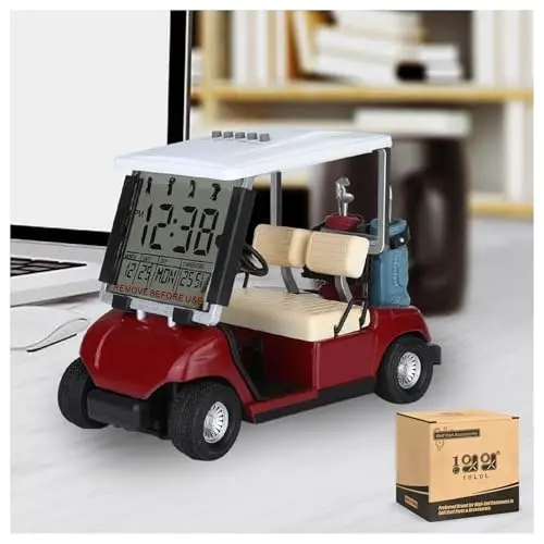 Miniature red golf cart model with an LCD display clock on the seat