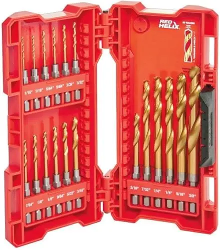 Milwaukee Shockwave 18-piece titanium drill bit set in a red storage case