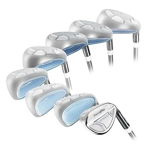 Powerbilt EX-550 women's hybrid iron set in silver, blue, and white