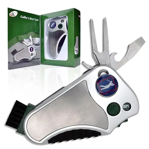 Ascent silver 6-in-1 golf multitool with stroke counter, divot repair, brush, and cleat tool