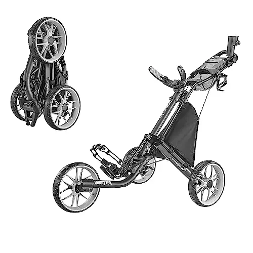 Caddytek CaddyLite EZ V8 golf push cart folded compactly showing its three wheels and adjustable handle.