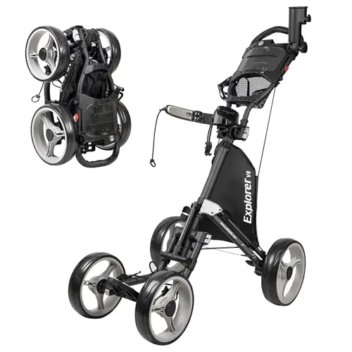 Caddytek Explorer V8 4-wheel golf push cart showing its adjustable front wheels and storage basket.