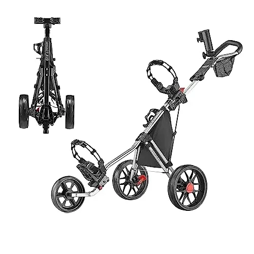 Caddytek CaddyLite 3-wheel golf push cart in silver, folded compactly