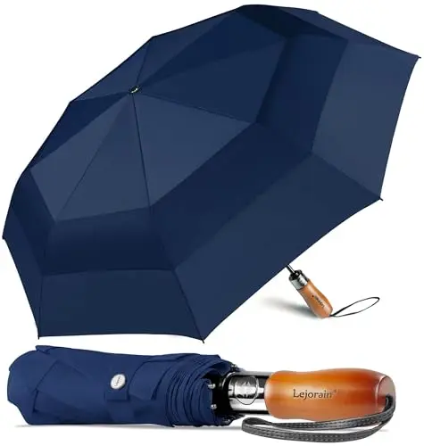 Lejorain dark blue folding golf umbrella with wooden handle