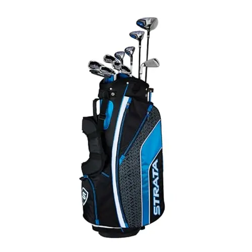 Callaway Strata Ultimate men's golf set with titanium driver, woods, hybrids, irons, and stand bag