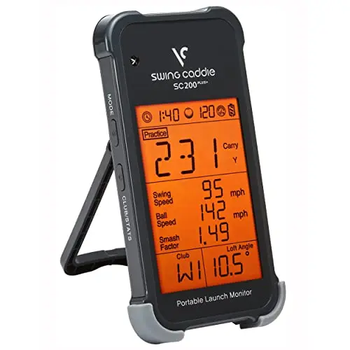 Voice Caddie SC200Plus portable launch monitor on a tripod