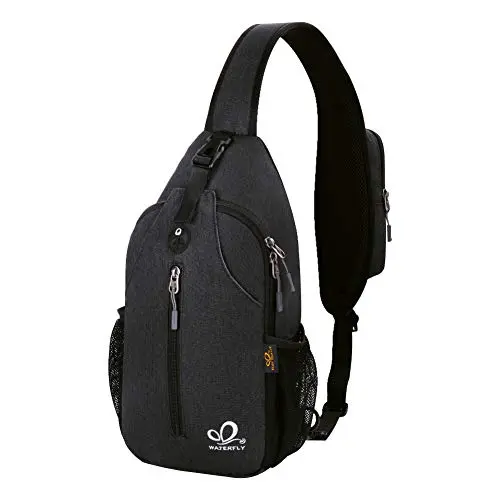 WATERFLY black crossbody sling backpack showing front and side pockets