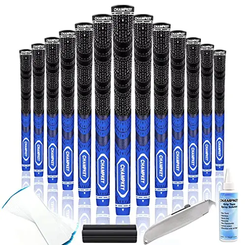 Set of 13 blue CHAMPKEY Premium Hybrid golf grips with brushed cotton thread in the upper section