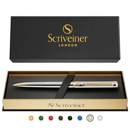 Scriveiner Silver Chrome luxury ballpoint pen with gold accents in a gift box