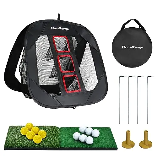 DURARANGE black pop-up chipping net with hitting mats and practice balls set up on a lawn.