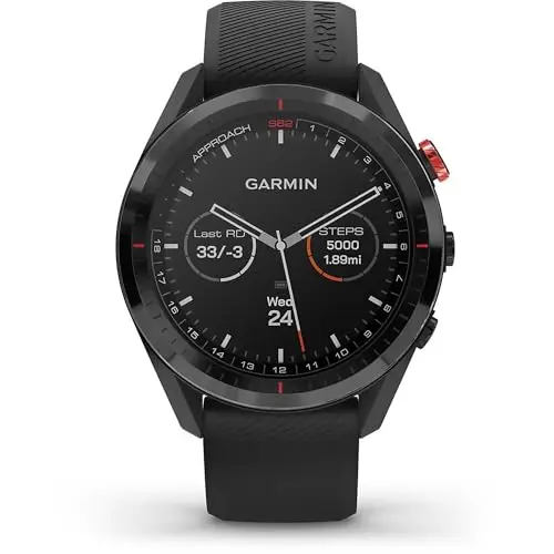Garmin Approach S62 watch with ceramic bezel showing green view details