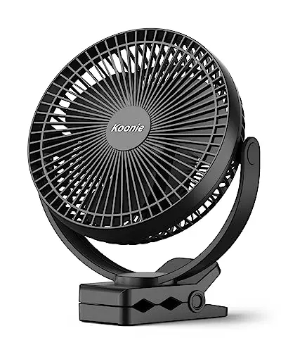 Koonie black rechargeable clip fan attached to a golf cart bar