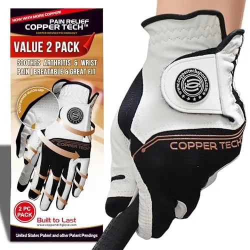 Copper Tech women's 2-pack golf gloves in white and black with a reinforced palm.