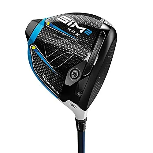 TaylorMade SIM 2 MAX Driver in black, grey, and blue, a premium forgiving model
