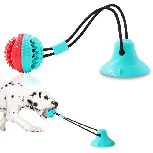 Askhald blue silicone dog puzzle ball with spikes and a bell inside for treat dispensing.