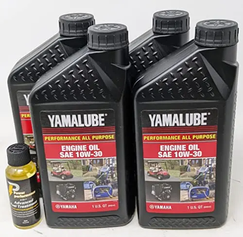Four-quart package of Yamaha Yamalube oil with an included fuel treatment bottle