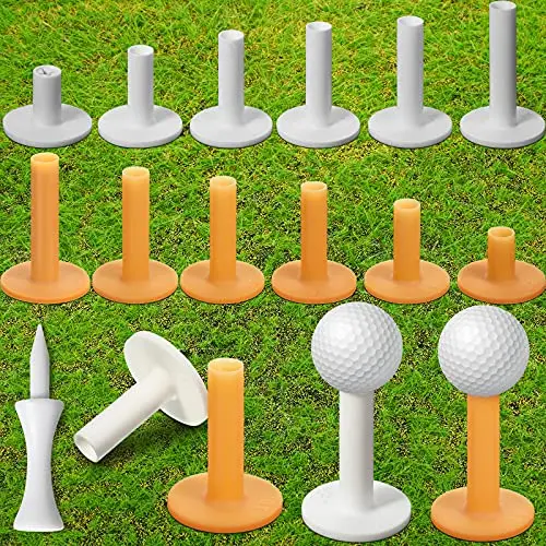 Skylety 24-piece set of white and yellow rubber golf tees with plastic spikes in six sizes