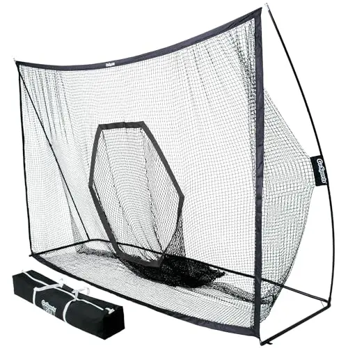 GoSports PRO 10x7 foot black golf net with distinctive hexagonal ball pocket