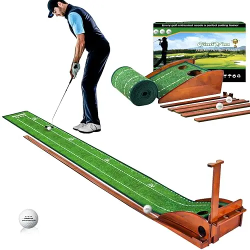 GimiYaa brown indoor putting green mat with auto ball return and solid wood base on a carpet.
