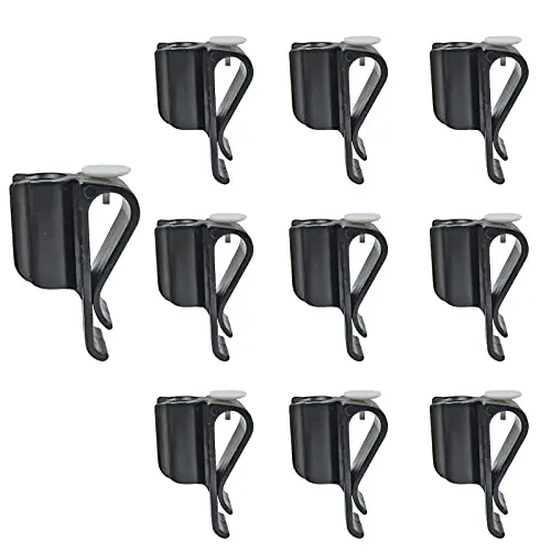 Ten black plastic golf putter clamp holders in a package