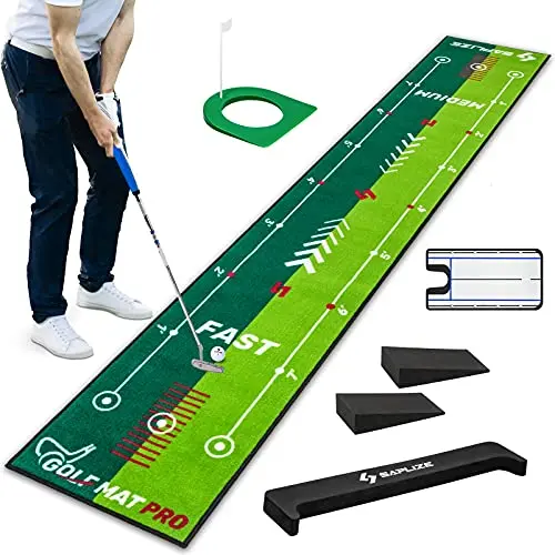 SAPLIZE two-tone putting mat showing fast and medium speed sections with alignment mirror on carpet