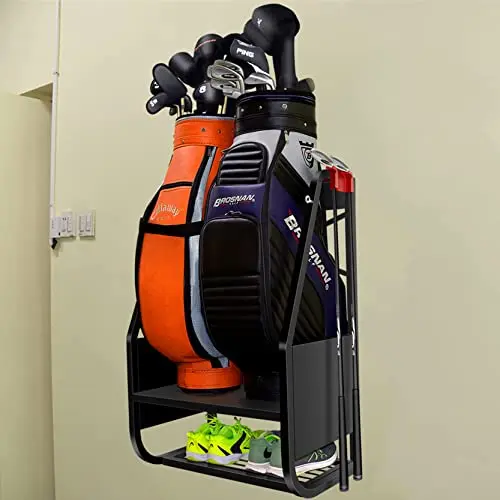 WALMANN wall-mounted black metal rack holding two golf bags off the floor
