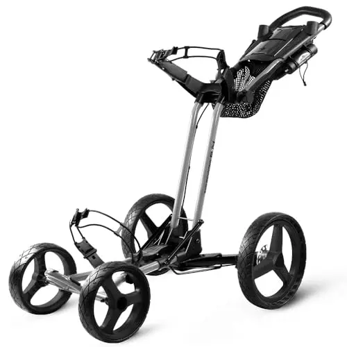 Sun Mountain Pathfinder Px4 4-wheel push cart in Cement Gray, folded to show its small footprint.