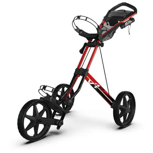 Sun Mountain Speed Cart V1R three-wheel push cart in Black Fire Red, showcasing its redesigned handle and mesh basket.