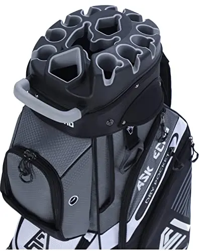 ASK ECHO T-Lock golf cart bag in grey showing the 14-way organizer top and multiple pockets