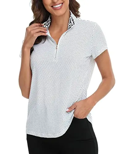 LRD women's short sleeve quarter zip mock neck golf shirt with polka dot pattern