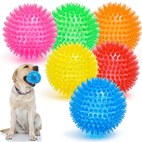 VITEVER set of six brightly colored spiky squeaky dog balls for teething and chewing.