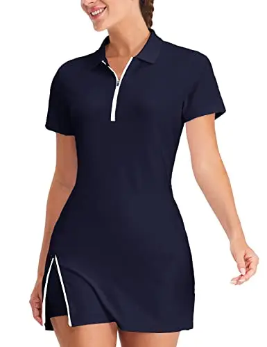 Hiverlay women's navy blue tennis golf dress with half-zip polo collar and detached inner shorts