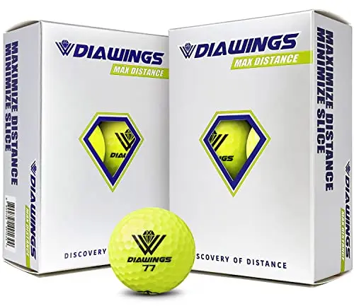 Diawings yellow golf ball in flight against a blue sky