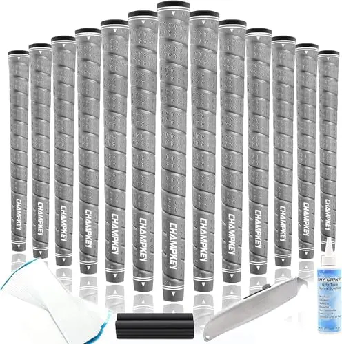 Set of 13 gray CHAMPKEY WRAP-Y rubber golf grips with distinctive Y-shaped texture