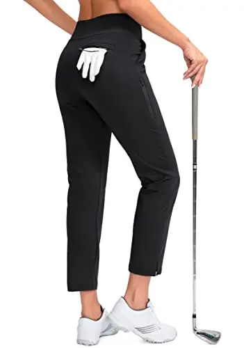 YYV Women's ankle-length golf pants with high waist and side slit detail