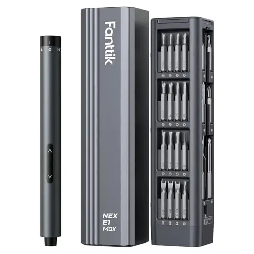 Fanttik E1 Max grey aluminum electric screwdriver with magnetic case and bits