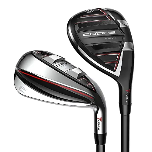 Cobra T-Rail hybrid-iron set showing sleek silver and black club heads.