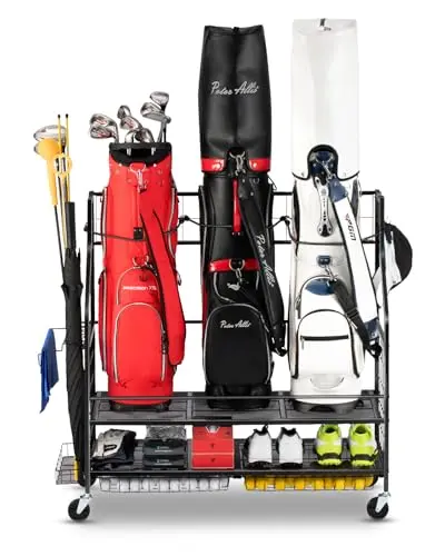 FHXZH three-tier black golf bag rack with elastic cords and side storage