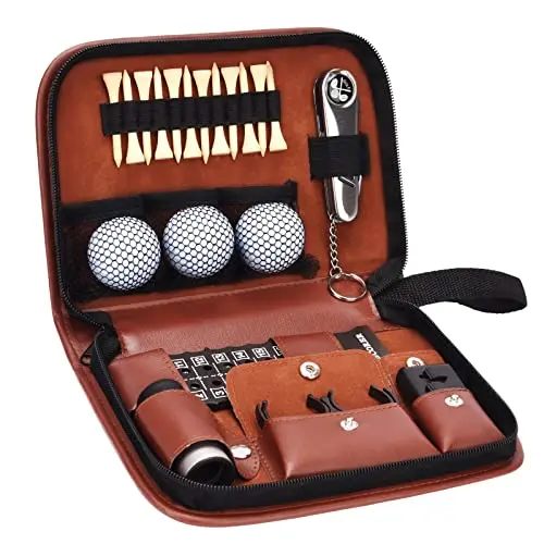 Jiskan leather case open showing golf balls, tees, rangefinder, and tools