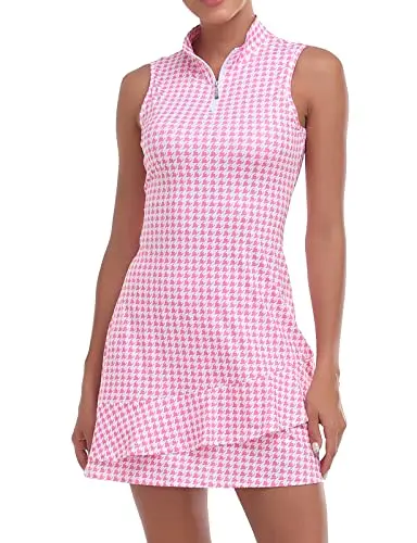 Women's classic sleeveless tennis golf dress with double ruffle hem and inner shorts in pink houndstooth