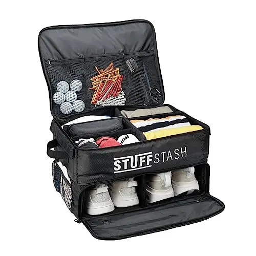 STUFFSTASH black golf trunk organizer with ventilated shoe compartment and adjustable dividers