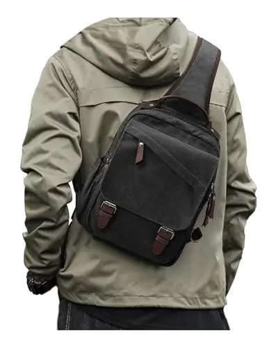 Vintage-style canvas messenger sling bag with multiple flap pockets