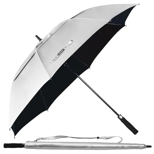 Fulynmen 68-inch silver and black golf umbrella with double canopy design