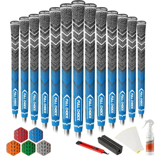 Set of 13 blue Full Choice cross corded golf grips with low taper design
