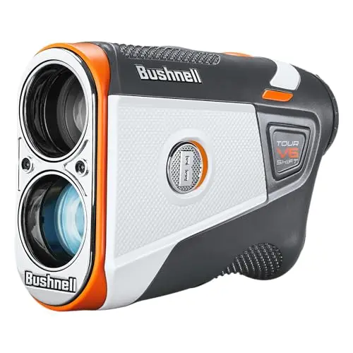 Bushnell Tour V6 Shift golf rangefinder showing the magnetic mount and clear display.