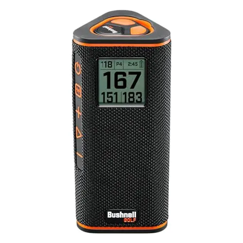 Bushnell Wingman View golf speaker with LCD screen showing yardage